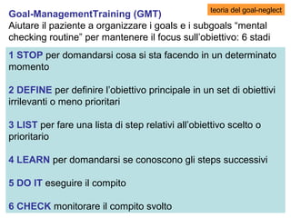 Goal-ManagementTraining (GMT)
Aiutare il paziente a organizzare i goals e i subgoals “mental
checking routine” per mantenere il focus sull’obiettivo: 6 stadi
teoria del goal-neglect
1 STOP per domandarsi cosa si sta facendo in un determinato
momento
2 DEFINE per definire l’obiettivo principale in un set di obiettivi
irrilevanti o meno prioritari
3 LIST per fare una lista di step relativi all’obiettivo scelto o
prioritario
4 LEARN per domandarsi se conoscono gli steps successivi
5 DO IT eseguire il compito
6 CHECK monitorare il compito svolto
 