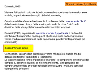 Somatic marker hypothesis
Damasio,1995
Viene enfatizzato il ruolo del lobo frontale nel comportamento emozionale e
sociale, in particolare nei compiti di decision-making.
Questo modello affronta direttamente il problema della componente “hot”
delle funzioni esecutive e della suo impatto sulle funzioni “cold” nelle
decisioni della vita quotidiana e nelle relazioni interpersonali
Damasio(1995) organizza la somatic marker hypothesis a partire dai
cambiamenti drammatici conseguenti alle lesioni della corteccia frontale
ventro mediale (cambiamenti della personalità, problemi interpersonali ed
emozionali)
Il caso Phineas Gage
Connessioni tra corteccia prefrontale ventro mediale e il nucleo medio
dorsale del talamo, l’amigdala e l’ipotalamo
La disconnessione rende impossibile “marcare” le componenti emozionali del
compito e, benché i pazienti se ne rendano conto, la regolazione del
comportamento dato che essi non possono utilizzare i markers somatici
collegati elle emozioni
 