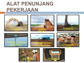 ALAT PENUNJANG
PEKERJAAN
EXCAVAT
OR
DUMP
TRUCK
GENERATOR DAN
VACUUM PUMP
PVD-RIGE
PRESSER GAUGE/
VAKUM DIEL SETTLEMENT
PLATE
INCLINOMET
ER
PIEZOMETE
R
 