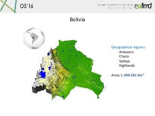 Bolivia
Geographical regions
Amazons
Chaco
Valleys
Highlands
Area: 1.098.581 Km2
 