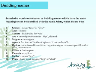 Building names
Superlative words were chosen as building names which have the same
meaning or can be identified with the name Arista, which means best.
1.
2.
3.
4.
5.
6.
7.

8.
9.
10.
11.

Grande - means "large" or "great“
Apex - summit
Vincere - Italian word for “win”
Alta – latin origin which means “high”, elevated.
Magnus – means great
Alpha – first letter of the Greek alphabet. It has a value of 1.
Optima - most favorable conditions or greatest degree or amount possible under
given circumstances.
Ultima – farthest point
Palmaris – excellent
Melhor – means “best”
Prima - Latin word, meaning “first” or “chief”
Contact Us (+63) 939 376 5915
www.caviterealstate.com

 