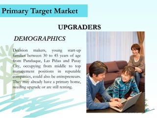 Primary Target Market
UPGRADERS
DEMOGRAPHICS
Decision makers, young start-up
families between 30 to 45 years of age
from Parañaque, Las Piñas and Pasay
City, occupying from middle to top
management positions in reputable
companies, could also be entrepreneurs.
They may already have a primary home,
needing upgrade or are still renting.

Contact Us (+63) 939 376 5915
www.caviterealstate.com

 
