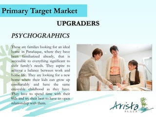 Primary Target Market
UPGRADERS
PSYCHOGRAPHICS
These are families looking for an ideal
home in Parañaque, where they have
been familiarized already, that is
accessible to everything significant to
their family’s needs. They aspire to
achieve a balance between work and
home life. They are looking for a new
home where their kids can grow up
comfortably and have the same
enjoyable childhood as they have.
They love to spend time with their
kids and try their best to have an open
relationship with them.
Contact Us (+63) 939 376 5915
www.caviterealstate.com

 