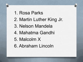 1. Rosa Parks
2. Martin Luther King Jr.
3. Nelson Mandela
4. Mahatma Gandhi
5. Malcolm X
6. Abraham Lincoln
 