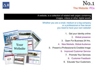 No.1
                                                 The Website: PCs

          A website, is a collection of related web pages containing
                               images, videos or other digital assets

               Whether you are a small, medium or a big company
                                  or a professional or free lancer
                             you need to have your own website!

                                        1. Get your identity online
                                               2. Global presence
                                    3. Open For Business 24 Hrs.

 Your                           4. New Markets, Global Audience
                      5. Present a Professional & Credible Image
Website
                                   6. Improved Customer Service
                                        7. Promote Your Services
                                           8. Customer Feedback
                                      9. Educate Your Customers
 
