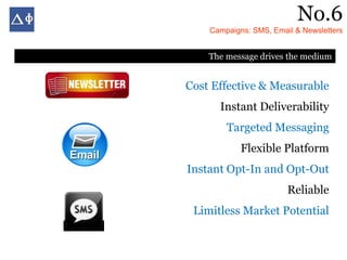No.6
    Campaigns: SMS, Email & Newsletters


    The message drives the medium


Cost Effective & Measurable
      Instant Deliverability
        Targeted Messaging
            Flexible Platform
Instant Opt-In and Opt-Out
                        Reliable
 Limitless Market Potential
 