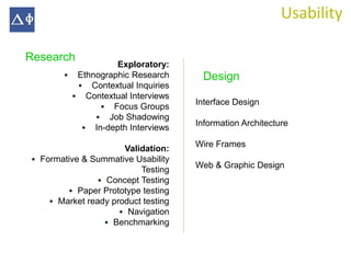 Usability

Research
                   Exploratory:
        • Ethnographic Research        Design
          • Contextual Inquiries
         • Contextual Interviews
                                     Interface Design
               • Focus Groups
              • Job Shadowing
                                     Information Architecture
           • In-depth Interviews
                                     Wire Frames
                      Validation:
• Formative & Summative Usability
                                     Web & Graphic Design
                          Testing
               • Concept Testing
        • Paper Prototype testing
    • Market ready product testing
                     • Navigation
                 • Benchmarking
 