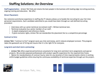 Staffing Solutions: An Overview
Staff Augmentation: Ariston Tek finds and retains the best people in the business with leading edge recruiting practices,
ongoing training and education. We offer:
Direct Placement:
Our extensive and diverse experience in staffing the IT industry allows us to handle the recruiting for your full-time
personnel requirements. Each candidate submitted to you would have been through our well defined recruiting
procedure:
• Interviews with our senior technical recruitment staff + Written technical test.
• Technical evaluation by a senior member of our staff.
• In-depth employment and reference checks.
• If given exclusive rights, Ariston Tek can standardize the placement fee to a competitive percentage
Contract to hire:
Ariston Tek's “contract to hire” program saves you time and money, and it reduces employee turnover. This program
takes the guesswork out of hiring and insures that it is the right fit for everyone.
Long-term and short-term contracting:
• Ariston Tek offers experienced technical consultants for long-term and short-term assignments and special
projects. We provide seasoned professionals with product-specific experience for the required time frame.
• Option for standardization of contract hourly rates for any duration of time required assists clients in working
within budget guidelines while ensuring the continuous availability of technical expertise through out the project.

A r i s t o n Te k , I n c .

 