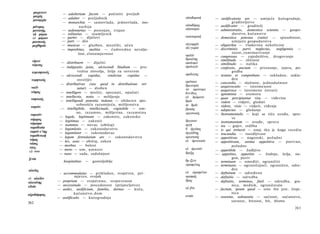 μοιχευειν      — adulterium facere — počiniti preljub
   μοιχός                                                               οίκοδομική
   μοναρχία       — adulter — preljubnik                                               — aedificatoria ars — umijeće kućegradnje,
                  — monarchia — samovlada, jednovlada, mo­                                       graditeljstvo
  μόνιμος                    narhija                                    οίκοδόμος      — aedificator — graditelj
  μονώτης         — sedentarius — postojan, trajan                      οίκονομία      — administratio, domestica scientia — gospo­
  ιά μόρια        — solitarius — osamljenik                                                      darstvo, kućanstvo
  ιό μόριον       — partes — dijelovi                                   οικονομική     — domestica potestas (ratio) — sposobnost,
  μουσικός        — pars — dio                                                                   umijeće gospodarstva
  μοχθηρία        — musicus — glazben, muzički, učen                    ολιγαρχία      — oligarchia — vladavina nekolicine
                  — improbitas, malitia — ćudoredna nevalja-            όλι·γωρία      — discriminis parvi neglectus,    negligentia —
                            lost, zlonamjernost                                                  zazor, zanemarivanje
                                                                        ομιλία         — congressus — zajedništvo, drugovanje
                                                                        δμοιότης       — similitudo — sličnost
  νίμειν          — distribuere — dijeliti                              ομοίωμα
  νέμεσις                                                                              — similitudo — nalika
                  — indignatio justa, ulciscendi Studium — pra­         ομολογία       — confessio, pactum — priznanje, izjava, po­
  νεμεσητικύς               vedna zlovolja, želja za osvetom                                     godba
                  — ulciscendi     cupidus,     vindiciae   cupidus —   ομόλογος       — testans et comprobans — sukladan, uskla­
  νεμητικός                 osvetljiv                                                            đen
                                                                        ομόνοια        — concordia — složnost, jednodušnost
                  — distributivus (seu quod in distributione ver·       δμωννμία
 νοεΐν                     satur) — dioben                                             — aequivocatio — istoimenost
                                                                        τα ομώνυμα     — aequivoca — istoimene (stvari)
 νύησις          — intelligere — misliti, spoznati, opažati             δνείδος        — ignominia — sramota
                 — intellectio, notio — mišljenje                       ιά δράματα     — quae percipiuntur visu — viđevine
 νοητικός        — intelligendi potentia indutus — obdaren spo­         δράν           — videre — vidjeti, gledati
                           sobnošću razumijeća, mišljenstva             το δράν        — videre, visio — vidjeti, viđenje
 νοητόν          .— intelligibile, intellectuale, cogitabile — um­      βρασις         — adspectus — gledanje
                           no, razumno, mišljevina, razumnina           οργανικός      — Instrumentalis — koji se tiče oruđa, spra­
 νομικόν
                 — legale, legitimum — zakonito, zakonsko                                        ve
 νόμιμος         — legitimus — zakonit                                  δργανον
 νόμισμα                                                                               — instrumentum — oruđe, sprava
                 — nummus — novac (običaj)                              οργή           — ira — gnjev, srdžba
 νομοθεσία       — legumlatio — zakonodavstvo                           δ όργίσας
νομοϋ-ε'της                                                                            — is qui irritavit — onaj tko je koga rasrdio
                 — legumlator — zakonodavac                             όργιλδτης      — iracundia — rasrdljivost
νομοθετική       — legum ferendarum ars — zakonodavstvo                 ορεκτικός
νόμος                                                                                  — appetitivus — nagonski, požudni
                 — lex, usus — običaj, zakon                            ιό όρεκτικόν   — appetitivum, anima appetitiva — porivno,
νόσος
                 — morbus — bolest                                                               požudno
νους                                                                    ιό όρεκτόν
                 — mens — um, u m n o s t                                              — appetibile — žudljivo
ιό ννν                                                                  δρεξις
                 — nunc — sada, sadašnjost                                             —· appetitus, appetitio — žudnja, želja, na­
ξενία                                                                                            gon, poriv
                   hospitalitas   —   gostoljublje                      δρ ίζειν       — terminare — omeđiti, ograničiti
                                                                        ώρισμένος      — terminans — ograničujući, ograničen, odre­
οίκεϊος                                                                                          đen
                 - accommodatus — prikladan, svojstven, pri­            ιό ώρισμένον   — definitum — određeno
                          mjeren, svojak                                ορισμός        — definitio — odredba
ιό οίκεΐον
                — proprium — svojstveno, svojstvenost                   δρος           — definitio, terminus, finiš — odredba, gra­
οίκειότης
οΙκία           — necessitudo — pouzdanost (prijateljstvo)                                       nica, međnik, ograničavalo
                — aedes, aedificium, familia, dornus — kuća,            ιό βτι         — factum, ipsum quod — ono što jest, činje­
οίχοδόμησις              kućanstvo, dom                                                          nica
                — aedificatio — kućegradnja                             ουσία          — essentia, substantia — sućnost, sućanstvo,
262                                                                                              sutnost, bitnost, bit, bivstvo
                                                                                                                                  263
 