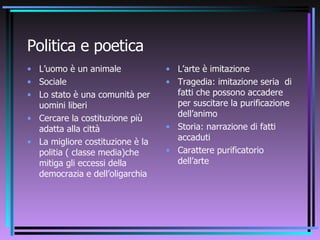 Politica e poetica L’uomo è un animale Sociale Lo stato è una comunità per uomini liberi Cercare la costituzione più adatta alla città  La migliore costituzione è la politia ( classe media)che mitiga gli eccessi della democrazia e dell’oligarchia L’arte è imitazione Tragedia: imitazione seria  di fatti che possono accadere per suscitare la purificazione dell’animo Storia: narrazione di fatti accaduti Carattere purificatorio dell’arte 