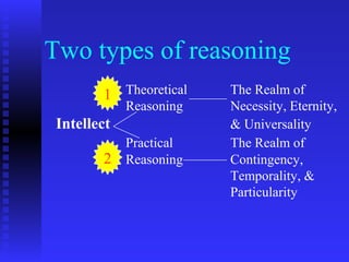 Two types of reasoning
        1 Theoretical    The Realm of
             Reasoning   Necessity, Eternity,
 Intellect               & Universality
             Practical   The Realm of
        2    Reasoning   Contingency,
                         Temporality, &
                         Particularity
 