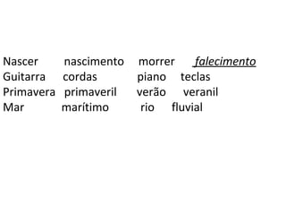 Nascer      nascimento morrer  falecimento
Guitarra    cordas     piano teclas
Primavera   primaveril verão veranil
Mar         marítimo    rio fluvial
 