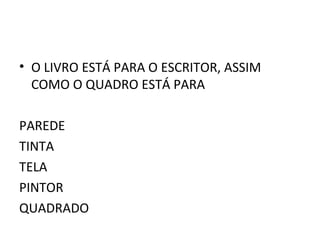 • O LIVRO ESTÁ PARA O ESCRITOR, ASSIM
  COMO O QUADRO ESTÁ PARA

PAREDE
TINTA
TELA
PINTOR
QUADRADO
 