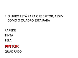 • O LIVRO ESTÁ PARA O ESCRITOR, ASSIM
  COMO O QUADRO ESTÁ PARA

PAREDE
TINTA
TELA
PINTOR
QUADRADO
 