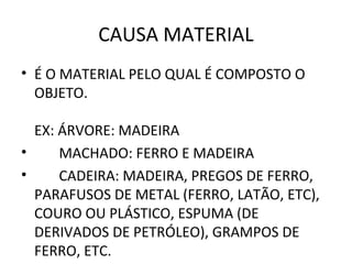 CAUSA MATERIAL
• É O MATERIAL PELO QUAL É COMPOSTO O
  OBJETO.

  EX: ÁRVORE: MADEIRA
•     MACHADO: FERRO E MADEIRA
•     CADEIRA: MADEIRA, PREGOS DE FERRO,
  PARAFUSOS DE METAL (FERRO, LATÃO, ETC),
  COURO OU PLÁSTICO, ESPUMA (DE
  DERIVADOS DE PETRÓLEO), GRAMPOS DE
  FERRO, ETC.
 