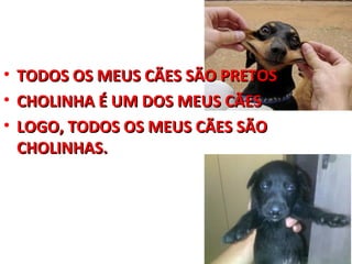 • TODOS OS MEUS CÃES SÃO PRETOS
• CHOLINHA É UM DOS MEUS CÃES
• LOGO, TODOS OS MEUS CÃES SÃO
  CHOLINHAS.
 