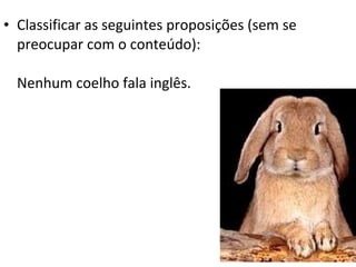 • Classificar as seguintes proposições (sem se
  preocupar com o conteúdo):

  Nenhum coelho fala inglês.
 
