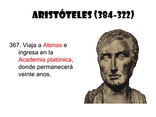 ARISTÓTELES (384-322)


367. Viaja a Atenas e
   ingresa en la
   Academia platónica,
   donde permanecerá
   veinte anos.
 