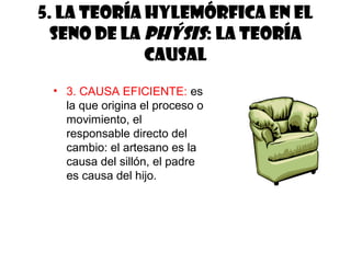 5. La teoría hylemórfica en el
  seno de la phýsis: la teoría
             causal
 • 3. CAUSA EFICIENTE: es
   la que origina el proceso o
   movimiento, el
   responsable directo del
   cambio: el artesano es la
   causa del sillón, el padre
   es causa del hijo.
 