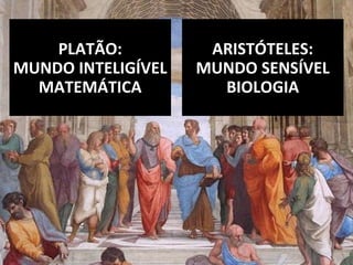 PLATÃO:PLATÃO:
MUNDO INTELIGÍVELMUNDO INTELIGÍVEL
MATEMÁTICAMATEMÁTICA
ARISTÓTELES:ARISTÓTELES:
MUNDO SENSÍVELMUNDO SENSÍVEL
BIOLOGIABIOLOGIA
 