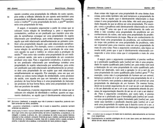 590.... to KW..ov Km to mcrXPOV(to kalon kai to aischron), alternativamente ao honroso
e ao vergonhoso.
591. Explicitamente no sentido ontológico de vir a ser, bem como ser oestrutao como
deixar de ser, deixar de existir.
duas coisas náo logra ser urna propriedade de urna destas duas
10 coisas, pois entáo também náo será tampouco a propriedade da
outra; mas se aquilo que é identicamente relacionado a duas
coisas é urna propriedade de urna delas, náo será urna proprie-
dade daquela de que se afirma ser urna propriedade. Por exem-
plo, como a prudéncia está identicamente relacionada ao nobre
e ao torpe,590 urna vez que é um conhecimento de cada um
deles e náo constituí urna propriedade da prudencia ser um
15 conhecimento do nobre, náo seria urna propriedade da pruden-
cia ser um conhecimento do torpe. Mas se um conhecimento do
nobre fosse urna propriedade da prudencia, um conhecimento
do torpe náo poderia ser urna propriedade da prudencia, visto
ser impossível para urna mesma coisa ser urna propriedade de
mais de urna coisa. Para o argumento construtivo, este tópico se
revela inútil, posta que o que é identicamente relacionado cor-
20 responde a urna única coisa que é comparada a mais de urna
coisa.
A seguir, para o argumento contestatório, é preciso verificar
se o predicado qualificado pelo [verbo] ser náo é urna proprie-
dade do sujeito qualificado pelo [verbo] ser, pois entáo nem será
a destruicáo de um urna propriedade do outro qualificado pelo
[verbo] ser destruído, nem será a geracáo (o vir a ser) de um
urna propriedade do outro qualificado pelo [verbo] gerar.591 Por
exemplo, como náo é a propriedade do homem ser um animal,
25 tampouco poderia vir a ser um animal urna propriedade de vir a
ser um homem; nem poderia a destrui~iio de um animal ser urna
propriedade da destrui~iio de um homem. Da mesma forma,
dever-se-ia extrair argumentos do vira ser ao ser e ser destruído
e do ser destruído ao ser e vir a ser, exatamente através do pro-
30 cesso de argumentacáo descrito do ser ao vir a ser e ser destruí-
do. Para o argumento construtivo, por outro lado, é preciso
verificar se o predicado que é formulado pelo [verbo] ser consti-
tuí urna propriedade do sujeito formulado pelo [verbo] ser, pois
oeste caso também o predicado descrito pelo [verbo] vir a ser
será urna propriedade do sujeito que é descrito como vir a ser, e
o predicado apontado em virtude da destruicáo (corrupcáo) será
EDIPR0-461
ÓRGANON­TÓPICOS ­ LIVROV
587. [3eA.ncrtov (beltíston), a acepcáo aqui nao é precisa e específica, podendo tarn­
bém entender­se ótimo, excelente.
588.... xetptcrtov (cheiriston), o sentido nao é exato e específico, podendo também
entender­se péssimo.
589. icerpo; np~ to notetv uytetav (iatrospros to poiein ügieian): a medicinaé classifica­
da a rigor como urna texvri [tecne (arte)],tal como a carpintaria, a arquitetura,a te­
celagem, a poesia, a pintura, etc.; daí a presenca do verbo notsm[poieo (fabricar,
executar e criar, produzir,compor)]. Entende­seque o médico,estritamentetalando,
nao promove ou reinstaura a saúde, mas sim a produz como o poeta compóe o
poema, o escultor cria a estátua,o comandantedo navioproduz a viag