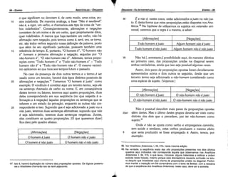 47. lsto é, haverá dupücacáo do número das proposícóes apostas. Os lógicos posterio­
res a Aristóteles charnaráo isto de tertii adjacentis.
48. Ver Analíticos Anteriores, 1, 46, 51 b, nesta mesma edicáo,
49. Na verdade, a seqüéncia exata das oito proposicóes presentes nos dais últimos
quadros aquí indicados nao corresponde aqueta que observamos nos Analíticos
Anteriores, 1, 36, 51 b, o que levou, inclusive, alguns helenistas a ratificar a ordem
exibida neste tratado, mesmo porque esta discrepancia causaría confusáo na leitu­
ra daquilo que Aristóteles aqui chama de proposicoes unidas na diagonal. Preferi­
mos manter a traducáo em fiel consonancia com o texto de Bekker, com a ressalva
de que a seqüéncia dos Analíticos Anteriores, neste caso, deve ser a acatada.
[Afirmacóes] [Negacóes]
O homem é justo o homem nao é justo
o homem é nao justo o homem nao é nao justo
25
[Afirmacóes] [Negacóes]
O niio-homem éjusto o náo-homem nao é justo
o náo-homem é nao justo o nao-homem nao é nao justo
35 Náo há [, entretanto,] possibilidade aqui, de maneira idéntica
ao primeiro caso, das proposicóes unidas na diagonal serem
ambas verdadeiras, ainda que isso seja possível algumas vezes.
Assim, dais pares de proposicóes apostas foram devidamente
apresentados acima e dais outros se seguiráo, desde que um
terceiro termo seja adicionado a náo-homem considerado como
urna espécie de sujeito. [Vejamos:]
20
[Afirmacóes] [Neqacóes]
Todo homem é justo A/qum homem nao é justo
Todo homem é nao justo A/qum homem nao é nao justo
15
30 É e nao é, nestes casos, estáo adicionados a justo ou nao jus-
to. É desta forma que estas proposicóes estáo dispostas nos Ana-
líticos.48
Na hipótese de utilizarmos os sujeitos em extensáo uni-
versal, veremos que a regra é a mesma, a saber:
Náo é possível descobrir mais pares de proposicóes apostas
aoai além destes. Mas o último destes grupos deveria ser visto como
distinto dos dois que o precedem, por ter náo-homem como
sujeito.49
Onde é náo se ajusta como verbo e empregamos caminha,
tem saúde e similares, estes verbos produzem o mesmo efeito
5 que seria produzido se fosse empregado é. Assim, ternos, por
exemplo:
o que significam ou denotam é, de certo modo, urna coisa, po-
rém indefinida. De maneira análoga, a frase "Náo é saudável"
náo é, a rigor, um verbo, e chamamos este tipo de coisa de "ver-
bos indefinidos". Conseqüentemente, afirmacóes e negacóes
consistem de um nome e de um verbo, quer propriamente ditas,
quer indefinidos. A menos que haja também um verbo, náo há
afirmacáo nem negacáo, pois termos como é, será, era, se torna,
etc. sáo todos verbos segundo nossa definicáo da palavra, pasto
que além de seu significado particular, possuem também urna
referencia de tempo. E, portanto, "O homem é", "O hornero náo
é" formam a primeira afírmacáo e neqacáo, seguidas por "O
náo-homern é", "O náo-homem náo é". Ademais, ternos propo-
sicóes como "Todo homem é" e "Todo náo-homern é" - "Todo
homem náo é" e "Todo náo-homem náo é". O mesmo raciocí-
nio aplicamos ao que toca aos tempos futuro e passado.
No caso da presenca de dais outros termos e o termo é ser
usado como um terceiro, haverá dais tipos distintos possíveis de
afirmacóes e negacóes." Tomemos "O homem é justo" como
exemplo. O vocábulo é constitui aquí um terceiro termo, seja ele
na sentenca chamado de verbo ou nome. E, em conseqüéncia
destes termos ou fatores, teremos aqui quatro proposicóes, duas
delas correspondendo em sua seqüéncia (no que respeita a a-
firmacáo e a negacáo) aquetas proposicóes ou sentencas que se
referem a um estado de privacáo, enquanto as outras náo cor-
responderáo a isso. Supondo que é seja adicionado a justo ou a
nao justo, teremos duas sentencas afirmativas; supondo que nao
é seja adicionado, teremos duas sentencas negativas. Juntas,
elas constituem as quatro proposicóes. [O que queremos dizer]
fica claro pelo quadro abaixo.
10
EDIPR0-95
ÓRGANON-DA INTERPRETAt;:ÁO
ARISTÓTELES - ÓRGANON
94-EDIPRO
 