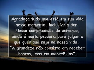 Agradeça tudo que está em sua vida nesse momento, inclusive a dor. Nossa compreensão do universo, ainda é muito pequena para julgar o que quer que seja na nossa vida.  “A grandeza não consiste em receber honras, mas em merecê-las”. 