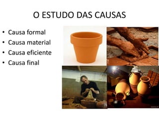 O ESTUDO DAS CAUSAS 
• Causa formal 
• Causa material 
• Causa eficiente 
• Causa final 
 