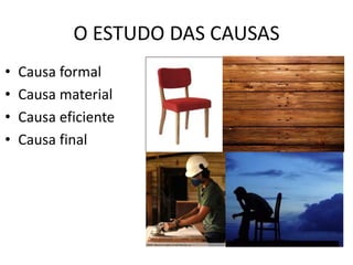 O ESTUDO DAS CAUSAS 
• Causa formal 
• Causa material 
• Causa eficiente 
• Causa final 
 