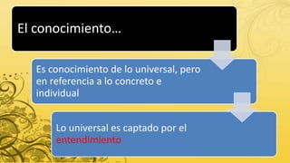 El conocimiento…
Es conocimiento de lo universal, pero
en referencia a lo concreto e
individual
Lo universal es captado por el
entendimiento
 