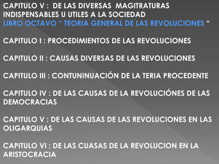 CAPITULO V : DE LAS DIVERSAS MAGITRATURAS
INDISPENSABLES U UTILES A LA SOCIEDAD
LIBRO OCTAVO “ TEORIA GENERAL DE LAS REVOLUCIONES “
CAPITULO I : PROCEDIMIENTOS DE LAS REVOLUCIONES
CAPITULO II : CAUSAS DIVERSAS DE LAS REVOLUCIONES
CAPITULO III : CONTUNINUACIÓN DE LA TERIA PROCEDENTE
CAPITULO IV : DE LAS CAUSAS DE LA REVOLUCIÓNES DE LAS
DEMOCRACIAS
CAPITULO V : DE LAS CAUSAS DE LAS REVOLUCIONES EN LAS
OLIGARQUIAS
CAPITULO VI : DE LAS CUASAS DE LA REVOLUCION EN LA
ARISTOCRACIA
 