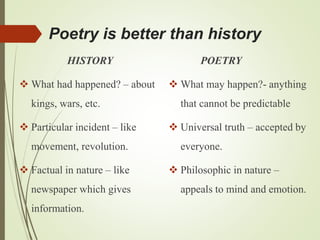 Poetry is better than history
HISTORY
 What had happened? – about
kings, wars, etc.
 Particular incident – like
movement, revolution.
 Factual in nature – like
newspaper which gives
information.
POETRY
 What may happen?- anything
that cannot be predictable
 Universal truth – accepted by
everyone.
 Philosophic in nature –
appeals to mind and emotion.
 
