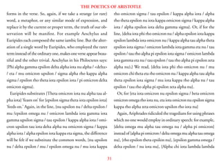 31
THE POETICS OF ARISTOTLE
forms in the verse. So, again, if we take a strange (or rare)
word, a metaphor, or any similar mode of expression, and
replace it by the current or proper term, the truth of our ob-
servation will be manifest. For example Aeschylus and
Euripides each composed the same iambic line. But the alter-
ation of a single word by Euripides, who employed the rarer
term instead of the ordinary one, makes one verse appear beau-
tiful and the other trivial. Aeschylus in his Philoctetes says:
{Phi alpha gamma epsilon delta alpha iota nu alpha / <delta>
/ eta / mu omicron upsilon / sigma alpha rho kappa alpha
sigma / epsilon rho theta iota epsilon iota / pi omicron delta
omicron sigma}.
Euripides substitutes {Theta omicron iota nu alpha tau al-
pha iota} ‘feasts on’ for {epsilon sigma theta iota epsilon iota}
‘feeds on.’ Again, in the line, {nu upsilon nu / delta epsilon /
mu /epsilon omega nu / omicron lambda iota gamma iota
gamma upsilon sigma / tau epsilon / kappa alpha iota / omi-
cron upsilon tau iota delta alpha nu omicron sigma / kappa
alpha iota / alpha epsilon iota kappa eta sigma, the difference
will be felt if we substitute the common words, {nu upsilon
nu / delta epsilon / mu / epsilon omega nu / mu iota kappa
rho omicron sigma / tau epsilon / kappa alpha iota / alpha
rho theta epsilon nu iota kappa omicron sigma / kappa alpha
iota / alpha epsilon iota delta gamma sigma}. Or, if for the
line, {delta iota phi rho omicron nu / alpha epsilon iota kappa
epsilon lambda iota omicron nu / kappa alpha tau alpha theta
epsilon iota sigma / omicron lambda iota gamma eta nu / tau
epsilon / tau rho alpha pi epsilon iota sigma / omicron lambda
iota gamma eta nu / tau epsilon / tau rho alpha pi epsilon zeta
alpha nu),} We read, {delta iota phi rho omicron nu / mu
omicron chi theta eta rho omicron nu / kappa alpha tau alpha
theta epsilon iota sigma / mu iota kappa rho alpha nu / tau
epsilon / tau rho alpha pi epsilon zeta alpha nu}.
Or, for {eta iota omicron nu epsilon sigma / beta omicron
omicron omega rho iota nu, eta iota omicron nu epsilon sigma
kappa rho alpha zeta omicron upsilon rho iota nu}
Again, Ariphrades ridiculed the tragedians for using phrases
which no one would employ in ordinary speech: for example,
{delta omega mu alpha tau omega nu / alpha pi omicron}
instead of {alpha pi omicron / delta omega mu alpha tau omega
nu}, {rho epsilon theta epsilon nu}, {epsilon gamma omega /
delta epsilon / nu iota nu}, {Alpha chi iota lambda lambda
 