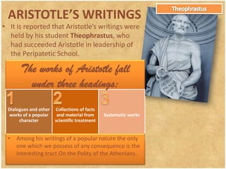 ARISTOTLE’S LIFEWhile he was still a boy his father died. At age 17 his guardian, Proxenus, sent him to Athens, the intellectual center of the world, to complete his education. He joined the Academy and studied under Plato, attending his lectures for a period of twenty years.
