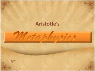 ARISTOTLE’S LOGIC“Organon”PeripateticsAristotle’s writings on the general subject of logic were grouped by the later Peripatetics under the name Organon, or instrument. From their perspective, logic and reasoning was the chief preparatory instrument of scientific investigation. Aristotle himself, however, uses the term “logic” as equivalent to verbal reasoning.Aristotle’sMetaphysics