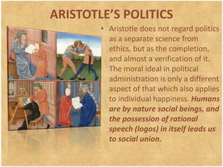 ARISTOTLE’S ART AND POETICSArt is defined by Aristotle as the realization in external form of a true idea, and is traced back to that natural love of imitation which characterizes humans, and to the pleasure which we feel in recognizing likenesses. Art however is not limited to mere copying. It idealizes nature and completes its deficiencies: it seeks to grasp the universal type in the individual phenomenon.