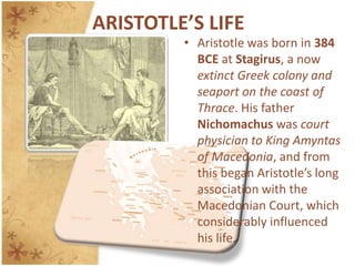 EthicsAristotle was the first to classify areas of human knowledge into distinct disciplines such as mathematics, biology, and ethics. Some of these classifications are still used today.As the father of the field of logic, he was the first to develop a formalized system for reasoning. Aristotle observed that the validity of any argument can be determined by its structure rather than its content. A classic example of a valid argument is his syllogism: All men are mortal; Socrates is a man; therefore, Socrates is mortal.