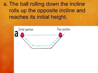 a. The ball rolling down the incline
rolls up the opposite incline and
reaches its initial height.
 