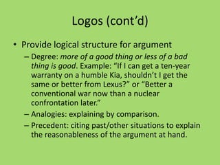 Logos (cont’d)
• Provide logical structure for argument
– Degree: more of a good thing or less of a bad
thing is good. Example: “If I can get a ten-year
warranty on a humble Kia, shouldn’t I get the
same or better from Lexus?” or “Better a
conventional war now than a nuclear
confrontation later.”
– Analogies: explaining by comparison.
– Precedent: citing past/other situations to explain
the reasonableness of the argument at hand.
 