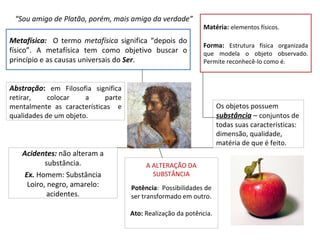 “Sou amigo de Platão, porém, mais amigo da verdade”
                                                            Matéria: elementos físicos.
Metafísica: O termo metafísica significa “depois do
                                                            Forma: Estrutura física organizada
físico”. A metafísica tem como objetivo buscar o            que modela o objeto observado.
princípio e as causas universais do Ser.                    Permite reconhecê-lo como é.



Abstração: em Filosofia significa
retirar,    colocar    a    parte
mentalmente as características e                                   Os objetos possuem
qualidades de um objeto.                                           substância – conjuntos de
                                                                   todas suas características:
                                                                   dimensão, qualidade,
                                                                   matéria de que é feito.
   Acidentes: não alteram a
           substância.                   A ALTERAÇÃO DA
    Ex. Homem: Substância                  SUBSTÂNCIA
     Loiro, negro, amarelo:         Potência: Possibilidades de
            acidentes.              ser transformado em outro.

                                    Ato: Realização da potência.
 