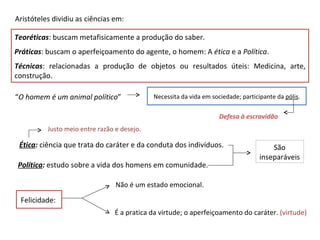 Aristóteles dividiu as ciências em:

Teoréticas: buscam metafisicamente a produção do saber.
Práticas: buscam o aperfeiçoamento do agente, o homem: A ética e a Política.
Técnicas: relacionadas a produção de objetos ou resultados úteis: Medicina, arte,
construção.

“O homem é um animal político”               Necessita da vida em sociedade; participante da pólis.

                                                                     Defesa à escravidão
          Justo meio entre razão e desejo.

 Ética: ciência que trata do caráter e da conduta dos indivíduos.                       São
                                                                                    inseparáveis
 Política: estudo sobre a vida dos homens em comunidade.

                                 Não é um estado emocional.

 Felicidade:
                                 É a pratica da virtude; o aperfeiçoamento do caráter. (virtude)
 