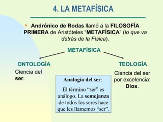 4. LA METAFÍSICA Andrónico de Rodas  llamó a la  FILOSOFÍA PRIMERA  de Aristóteles “ METAFÍSICA ” ( lo que va detrás de la Física ). METAFÍSICA ONTOLOGÍA TEOLOGÍA Ciencia del  ser . Ciencia del ser por excelencia:  Dios . Analogía del ser :  El término “ser” es análogo. La  semejanza  de todos los seres hace que les llamemos “ser”. 