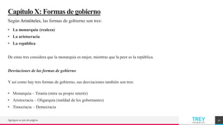 TREY
research
CapítuloX: Formas de gobierno
Según Aristóteles, las formas de gobierno son tres:
• La monarquía (realeza)
• La aristocracia
• La república
De estas tres considera que la monarquía es mejor, mientras que la peor es la república.
Desviaciones de las formas de gobierno
Y así como hay tres formas de gobierno, sus desviaciones también son tres:
• Monarquía – Tiranía (mira su propio interés)
• Aristocracia – Oligarquía (maldad de los gobernantes)
• Timocracia – Democracia
Agregue un pie de página 21
 