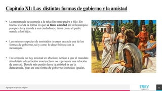 TREY
research
CapítuloXI: Las distintasformas de gobiernoy la amistad
• La monarquía se asemeja a la relación entre padre e hijo. De
hecho, es esta la forma en que se tiene amistad en la monarquía
porque el rey manda a sus ciudadanos, tanto como el padre
manda a los hijos.
• Las mismas especies de amistades ocurren en cada una de las
formas de gobierno, tal y como lo describimos con la
monarquía.
• En la tiranía no hay amistad en absoluto debido a que el mandato
absolutista o la relación amo/esclavo no representa una relación
de amistad. Donde más puede darse la amistad es en la
democracia, pues en esta forma de gobierno son todos iguales.
Agregue un pie de página 24
 