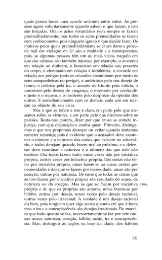 quais parece haver uma acordo unânime entre todos. As pes-
soas agem voluntariamente quando sabem o que fazem, e não
são forçadas. Ora os actos voluntários nem sempre se fazem
premeditadamente; mas todos os actos premeditados se fazem
com conhecimento, pois ninguém ignora o que decide fazer. Os
motivos pelos quais premeditadamente se causa dano e proce-
de mal em violação da lei são a maldade e a intemperança;
pois, se algumas pessoas têm um ou mais vícios, naquilo em
que são viciosas são também injustas; por exemplo, o avarento
em relação ao dinheiro, o licencioso em relação aos prazeres
do corpo, o efeminado em relação à indolência, o covarde em
relação aos perigos (pois os covardes abandonam por medo os
seus companheiros no perigo), o ambicioso pelo seu desejo de
honra, o colérico pela ira, o amante de triunfo pela vitória, o
rancoroso pelo desejo de vingança, o insensato por confundir
o justo e o injusto, e o insolente pelo desprezo da opinião dos
outros. E semelhantemente com os demais, cada um em rela-
ção ao objecto do seu vício.
      Mas o que se refere a isto é claro, em parte pelo que dis-
semos sobre as virtudes, e em parte pelo que diremos sobre as
paixões. Resta-nos, porém, dizer por que causa se comete in-
justiça, com que disposição e contra quem. Primeiro, distinga-
mos o que nos propomos alcançar ou evitar quando tentamos
cometer injustiça; pois é evidente que o acusador deve exami-
nar o número e a natureza das coisas que existem no adversá-
rio, e todos desejam quando fazem mal ao próximo, e o defen-
sor deve examinar a natureza e o número das que nele não
existem. Ora todos fazem tudo, umas vezes não por iniciativa
própria, outras vezes por iniciativa própria. Das coisas não fei-
tas por iniciativa própria, umas fazem-se ao acaso, outras por
necessidade; e das que se fazem por necessidade, umas são por
coacção, outras por natureza. De sorte que todas as coisas que
se não fazem por iniciativa própria são resultado do acaso, da
natureza ou da coacção. Mas as que se fazem por iniciativa          1369a
própria e de que os próprios são autores, umas fazem-se por
hábito, outras por desejo, umas vezes pelo desejo racional,
outras vezes pelo irracional. A vontade é um desejo racional
do bem, pois ninguém quer algo senão quando crê que é bom;
mas a ira e a concupiscência são desejos irracionais. De manei-
ra que tudo quanto se faz, necessariamente se faz por sete cau-
sas: acaso, natureza, coacção, hábito, razão, ira e concupiscên-
cia. Mas, distinguir as acções na base da idade, dos hábitos


                                                             131
 