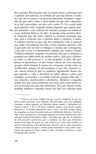 dos amantes. Rivalizamos com os nossos pares e preocupa-nos
        a opinião dos sensatos, na medida em que eles dizem a verda-
        de: tais são os idosos e as pessoas instruídas. Sentimos vergo-
        nha do que está à vista, e, mais ainda, do que está a descober-
        to (e daí o provérbio: nos olhos está o pudor 36). Eis a razão pela
        qual sentimos mais vergonha diante daqueles que estarão sem-
1384b   pre presentes e nos rodeiam de atenções, porque em ambos os
        casos andamos debaixo de olho. A mesma coisa acontece dian-
        te daqueles que não estão sujeitos às mesmas acusações que
        nós, pois é evidente que a opinião deles é contrária à nossa.
        E também perante os que não são indulgentes com as pessoas
        que estão visivelmente em falta. Como costuma dizer-se, com
        o que cada um faz não se indigna o vizinho; por conseguinte,
        o que não se faz é evidentemente indigno que outros o façam.
        Também sentimos vergonha na presença dos que se dedicam a
        propalar tais faltas junto de muitos outros, visto que a diferen-
        ça entre «o não parecer» e «o não propalar» é nula. São pro-
        pensos à charlatanice os que foram vítimas de uma injustiça,
        porque estão sempre à espera de vingança, assim como os
        maldizentes, porque, se não poupam os que não cometem er-
        ros, menos ainda os que os cometem. Igualmente diante dos
        que passam a vida a descobrir as faltas alheias, como, por
        exemplo, os trocistas e os poetas cómicos, porque estes são, à
        sua maneira, maldizentes e charlatães. Sentimos vergonha
        diante dos que nunca falharam em nada, pois esses ainda es-
        tão na posição dos que são admirados. Por esta mesma razão,
        também sentimos vergonha diante dos que nos solicitam pela



              36 Trata-se do pudor (a dèj) não da vergonha (a scÚnh), já que são
        duas noções próximas, mas distintas. Este provérbio, nas suas múltiplas
        variantes e muito popular na literatura grega clássica e helenística (cf.
        Append. proverb., I 10 e I 38 Gott.) sublinha aquilo a que desde a época
        homérica E. R. Dodds denominou shame culture. De facto, numa cultura
        da vergonha, as raízes do pudor estão na visibilidade (Sófocles, Trachiniae,
        596) o que corroboraria a etimologia popular do termo (embora não ates-
        tada por nenhum dicionário): a dèj < de ¢-idèj (que não vê). A semântica
        do alfa privativo remete-nos para a metáfora do olhar que Aristóteles
        desenvolverá quer do ponto de vista subjectivo (a vista como sentido ex-
        pressivo das paixões e dos afectos) quer objectivo, isto é, como argumento
        retórico por meio do qual o orador pode demonstrar como certos enun-
        ciados são capazes de fazer «saltar à vista» de todos a natureza e a pro-
        fundidade das paixões.



        180
 