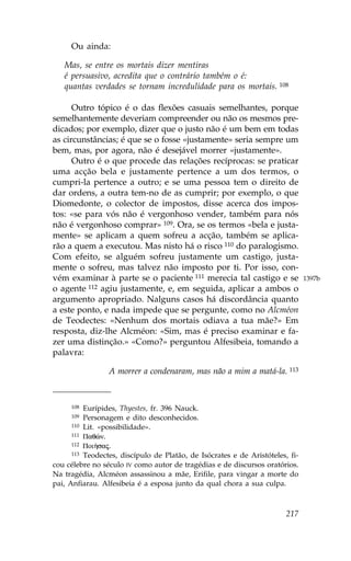 Ou ainda:

   Mas, se entre os mortais dizer mentiras
   é persuasivo, acredita que o contrário também o é:
   quantas verdades se tornam incredulidade para os mortais. 108

      Outro tópico é o das flexões casuais semelhantes, porque
semelhantemente deveriam compreender ou não os mesmos pre-
dicados; por exemplo, dizer que o justo não é um bem em todas
as circunstâncias; é que se o fosse «justamente» seria sempre um
bem, mas, por agora, não é desejável morrer «justamente».
      Outro é o que procede das relações recíprocas: se praticar
uma acção bela e justamente pertence a um dos termos, o
cumpri-la pertence a outro; e se uma pessoa tem o direito de
dar ordens, a outra tem-no de as cumprir; por exemplo, o que
Diomedonte, o colector de impostos, disse acerca dos impos-
tos: «se para vós não é vergonhoso vender, também para nós
não é vergonhoso comprar» 109. Ora, se os termos «bela e justa-
mente» se aplicam a quem sofreu a acção, também se aplica-
rão a quem a executou. Mas nisto há o risco 110 do paralogismo.
Com efeito, se alguém sofreu justamente um castigo, justa-
mente o sofreu, mas talvez não imposto por ti. Por isso, con-
vém examinar à parte se o paciente 111 merecia tal castigo e se                1397b
o agente 112 agiu justamente, e, em seguida, aplicar a ambos o
argumento apropriado. Nalguns casos há discordância quanto
a este ponto, e nada impede que se pergunte, como no Alcméon
de Teodectes: «Nenhum dos mortais odiava a tua mãe?» Em
resposta, diz-lhe Alcméon: «Sim, mas é preciso examinar e fa-
zer uma distinção.» «Como?» perguntou Alfesibeia, tomando a
palavra:

                 A morrer a condenaram, mas não a mim a matá-la. 113



     108  Eurípides, Thyestes, fr. 396 Nauck.
     109  Personagem e dito desconhecidos.
      110 Lit. «possibilidade».
      111 Paqèn.
      112 Poi»saj.
      113 Teodectes, discípulo de Platão, de Isócrates e de Aristóteles, fi-

cou célebre no século IV como autor de tragédias e de discursos oratórios.
Na tragédia, Alcméon assassinou a mãe, Erifile, para vingar a morte do
pai, Anfiarau. Alfesibeia é a esposa junto da qual chora a sua culpa.



                                                                        217
 