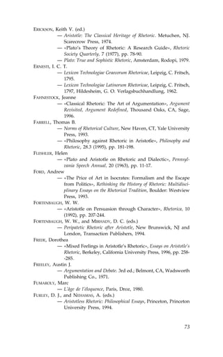 ERICKSON, Keith V. (ed.)
            — Aristotle: The Classical Heritage of Rhetoric. Metuchen, NJ.
               Scarecrow Press, 1974.
            — «Plato’s Theory of Rhetoric: A Research Guide», Rhetoric
               Society Quarterly, 7 (1977), pp. 78-90.
            — Plato: True and Sophistic Rhetoric, Amsterdam, Rodopi, 1979.
ERNESTI, I. C. T.
            — Lexicon Technologiae Graecorum Rhetoricae, Leipzig, C. .ritsch,
               1795.
            — Lexicon Technologiae Latinorum Rhetoricae, Leipzig, C. .ritsch,
               1797, Hildesheim, G. O. Verlagsbuchhandlung, 1962.
.AHNESTOCK, Jeanne
            — «Classical Rhetoric: The Art of Argumentation», Argument
               Revisited, Argument Redefined, Thousand Oaks, CA, Sage,
               1996.
.ARRELL, Thomas B.
            — Norms of Rhetorical Culture, New Haven, CT, Yale University
               Press, 1993.
            — «Philosophy against Rhetoric in Aristotle», Philosopby and
               Rhetoric, 28.3 (1995), pp. 181-198.
.LESHLER, Helen
            — «Plato and Aristotle on Rhetoric and Dialectic», Pennsyl-
               vania Speech Annual, 20 (1963), pp. 11-17.
.ORD, Andrew
            — «The Price of Art in Isocrates: .ormalism and the Escape
               from Politics», Rethinking the History of Rhetoric: Multidisci-
               plinary Essays on tbe Rhetorical Tradition, Boulder: Westview
               Press, 1993.
.ORTENBAUGH, W. W.
            — «Aristotle on Persuasion through Character», Rhetorica, 10
               (1992), pp. 207-244.
.ORTENBAUGH, W. W., and MIRHADY, D. C. (eds.)
            — Peripatetic Rhetoric after Aristotle, New Brunswick, NJ and
               London, Transaction Publishers, 1994.
.REDE, Dorothea
            — «Mixed .eelings in Aristotle’s Rhetoric», Essays on Aristotle’s
               Rhetoric, Berkeley, California University Press, 1996, pp. 258-
               -285.
.REELEY, Austin J.
            — Argumentation and Debate. 3rd ed.; Belmont, CA, Wadsworth
               Publishing Co., 1971.
.UMAROLY, Marc
            — L’âge de l’éloquence, Paris, Droz, 1980.
.URLEY, D. J., and NEHAMAS, A. (eds.)
            — Aristotless Rhetoric: Philosophical Essays, Princeton, Princeton
               University Press, 1994.



                                                                           73
 