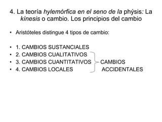 4. La teoría  hylemórfica en el seno de la  phýsis :  La  kínesis  o cambio. Los principios del cambio Aristóteles distingue 4 tipos de cambio: 1. CAMBIOS SUSTANCIALES 2. CAMBIOS CUALITATIVOS 3. CAMBIOS CUANTITATIVOS  CAMBIOS 4. CAMBIOS LOCALES  ACCIDENTALES 