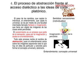 4.  El proceso de abstracción frente al acceso dialéctico a las ideas de corte platónico. El paso de los sentidos, que captan lo individual, al entendimiento, que capta lo universal, se da por medio de una facultad intermedia llamada  fantasía o   imaginación , que tiene por objeto las imágenes de las cosas antes percibidas.  El  conocimiento es un proceso que parte de la sensación, pasa por la imaginación y acaba en el entendimiento . Todo este proceso recibe el nombre de  abstracción ,  pues el entendimiento actúa sobre las imágenes separando todo lo que hay en ellas de particular y concreto para formar el concepto universal y abstracto. Sentidos: sensaciones (individuales) Imaginación: imagen de lo percibido Entendimiento: concepto universal  ABSTRACCIÓN 